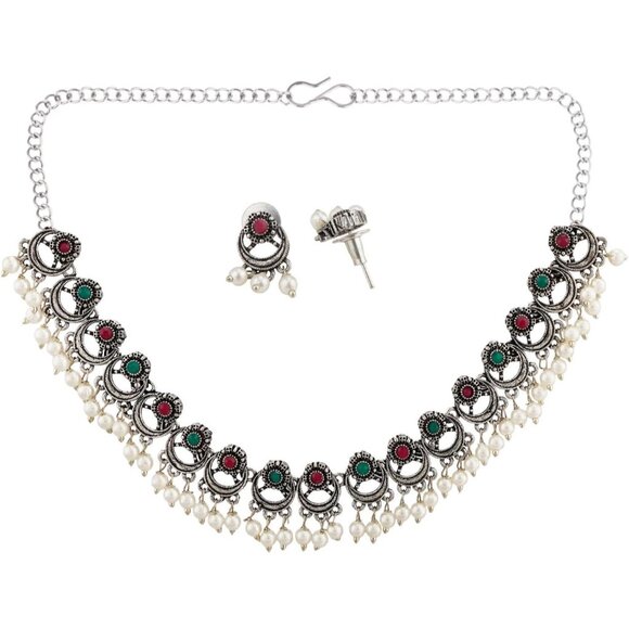 Oxidized Floral Choker Necklace & Earrings Set - Bohemian Statement Jewelry - Picture 5 of 5